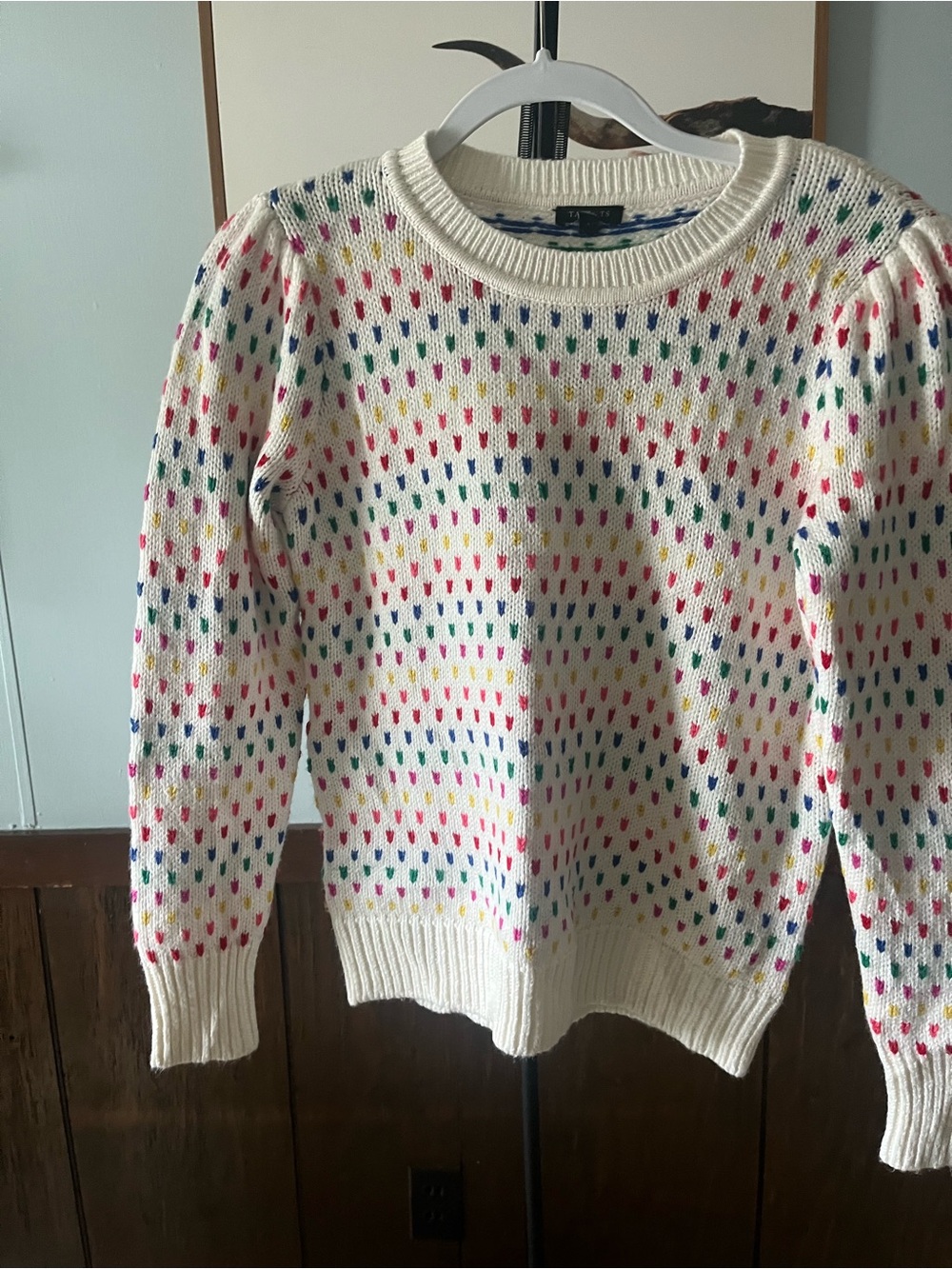 Talbots Cream Crewneck Sweater with Multicolor Dot Pattern